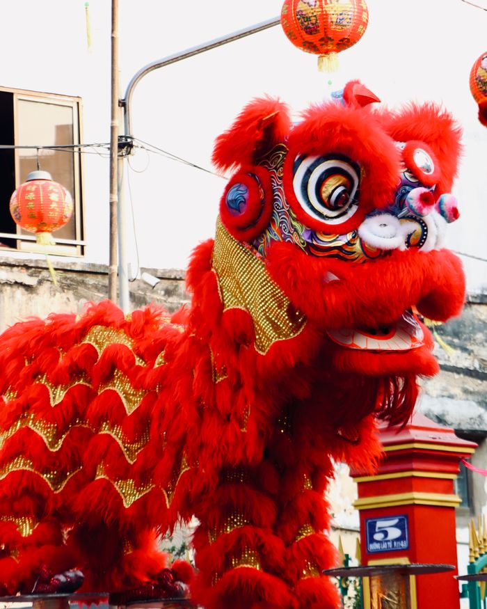 A vivid Chinese lion dance is performed with bright red lanterns behind it, highlighting a festive cultural celebration.